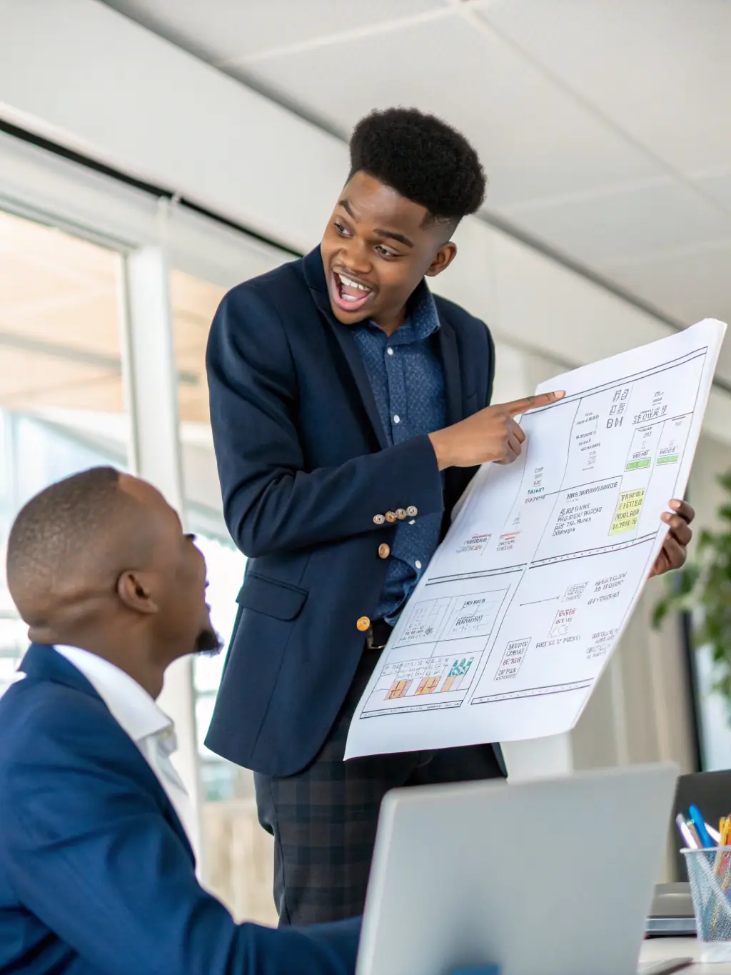 An image of a young entrepreneur presenting their business plan to a coach in a collaborative setting.