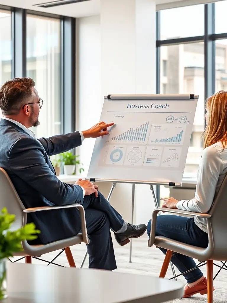 A business coach sitting across from a client in a modern office, engaged in a deep conversation with active listening and supportive body language. The setting is professional and confidential.