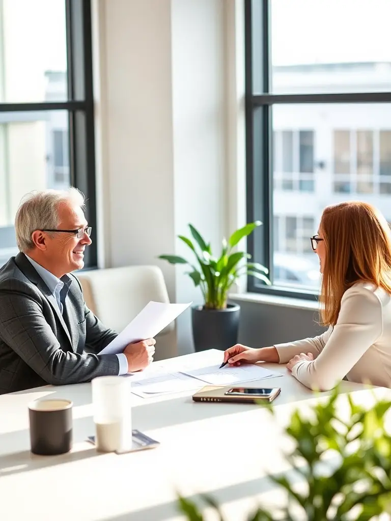 A diverse team of business coaches collaborating on a strategy in a modern, sunlit office, symbolizing visionuno's collaborative and innovative approach.