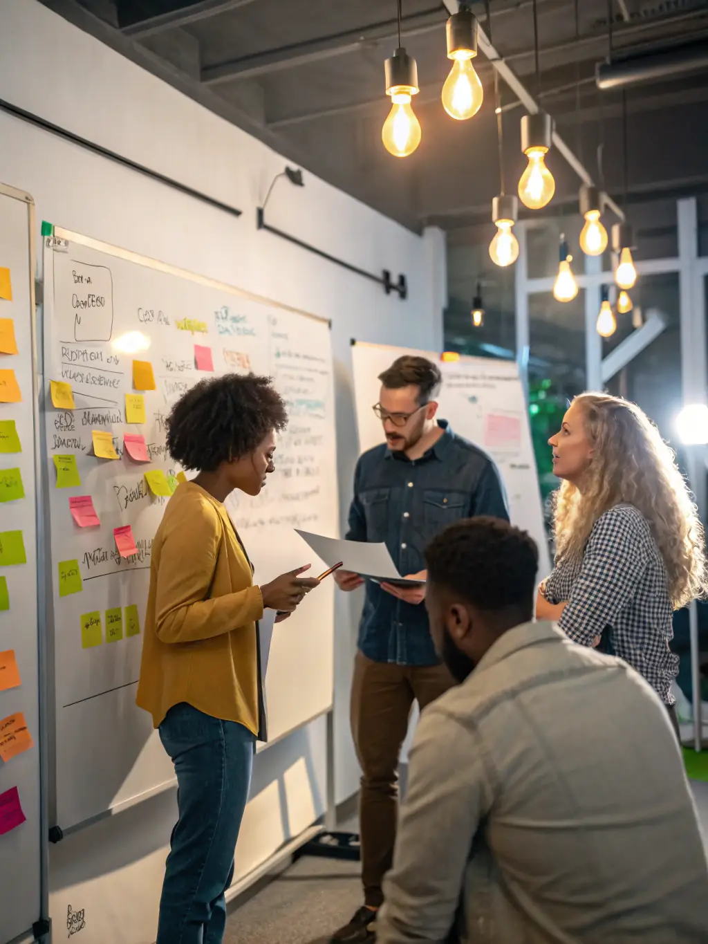 An entrepreneur in a casual setting, brainstorming ideas on a whiteboard with sticky notes, surrounded by a team of diverse individuals in a collaborative workspace. The atmosphere is energetic and innovative.