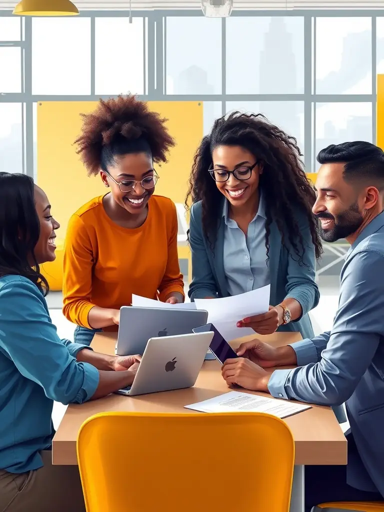 A diverse group of professionals collaborating in a modern office, brainstorming ideas and strategies for leadership development, symbolizing EmpowerUno's leadership coaching program.