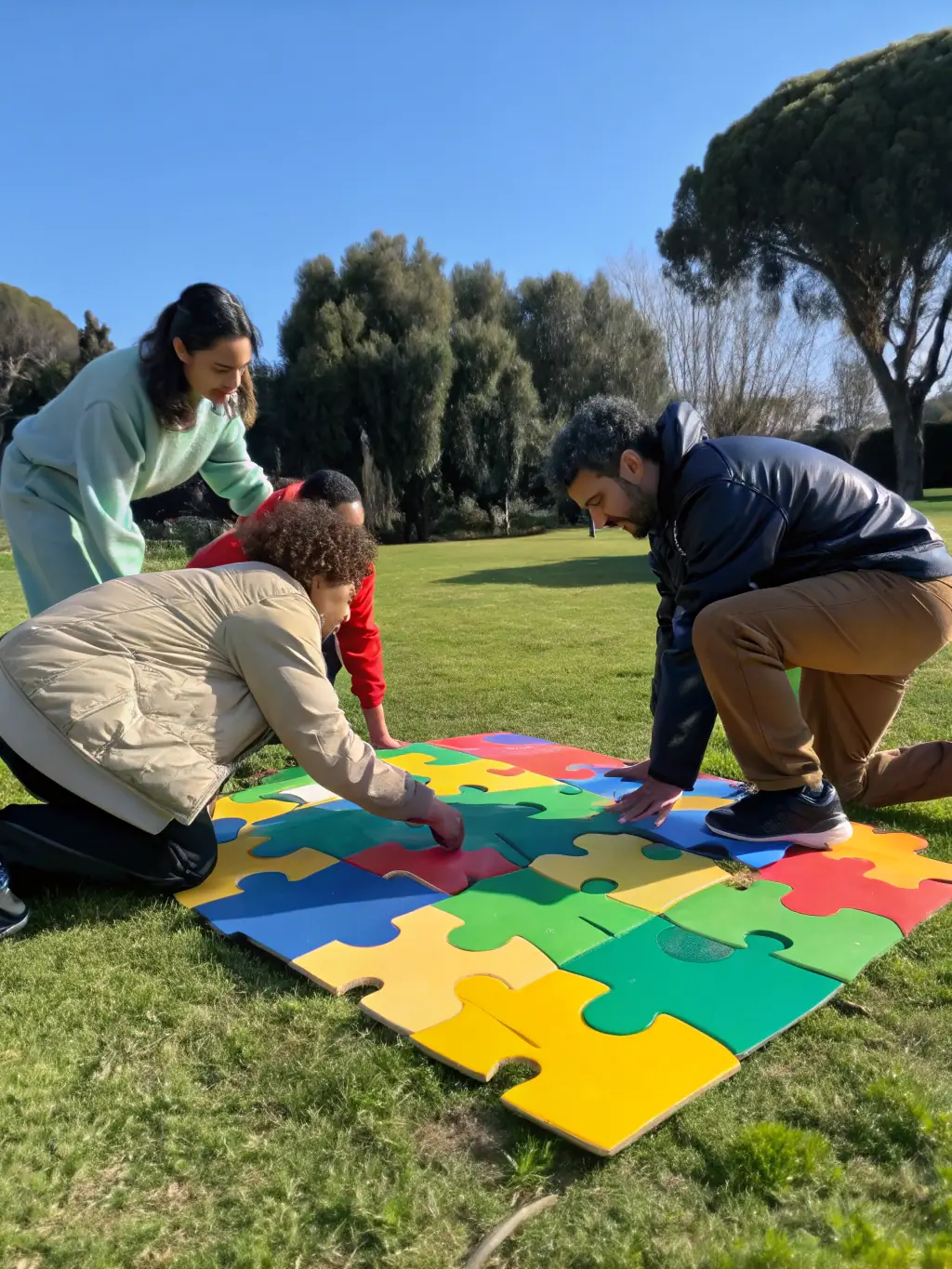 A diverse group of business professionals participating in a team-building exercise outdoors, laughing and collaborating to solve a problem. The setting is a sunny, open space, symbolizing growth and teamwork.